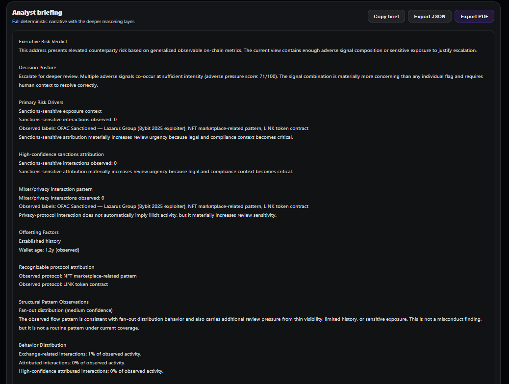 CredScore briefing tab with the full written analyst summary explaining the sanctions posture and the structural pattern evidence