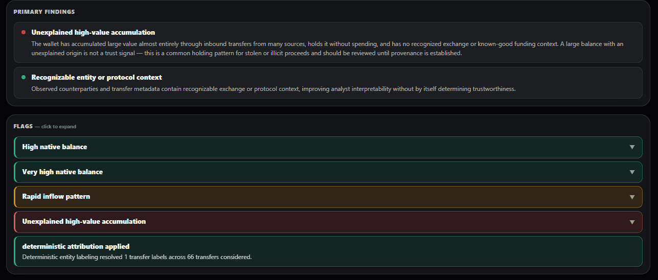 CredScore primary risk drivers for the first Drift wallet, headlined by Unexplained high-value accumulation