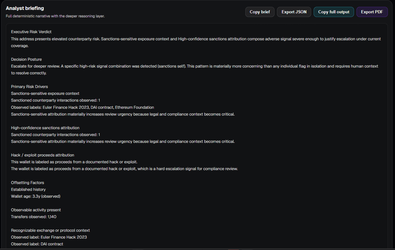 CredScore written analyst briefing for the Euler Finance exploiter wallet, including the executive risk verdict, decision posture, primary risk drivers (sanctions-sensitive exposure, high-confidence sanctions attribution, hack proceeds attribution), and offsetting factors